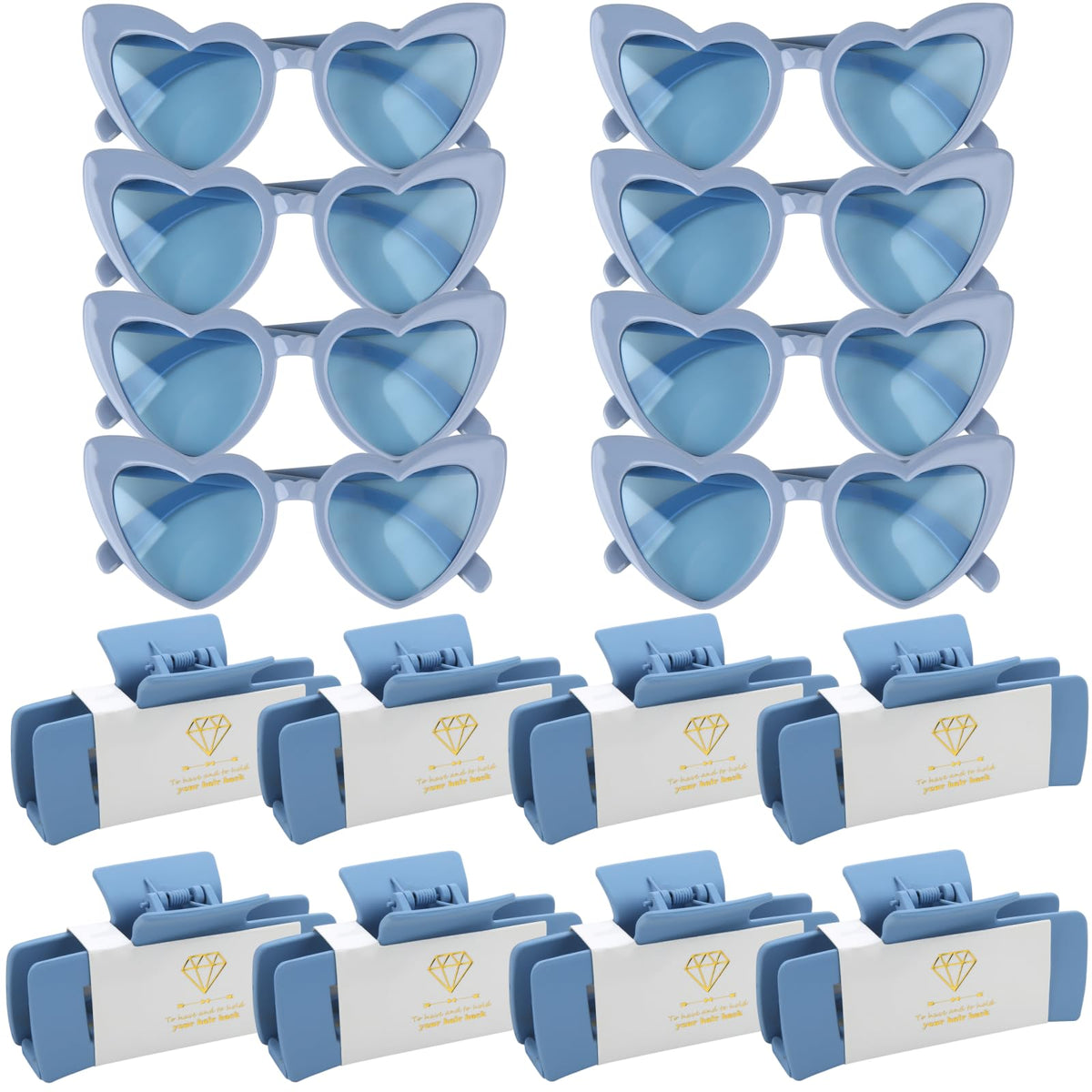 Bridesmaid Claw Clip & Heart Sunglasses Set – 8 Pack, Dusty Blue