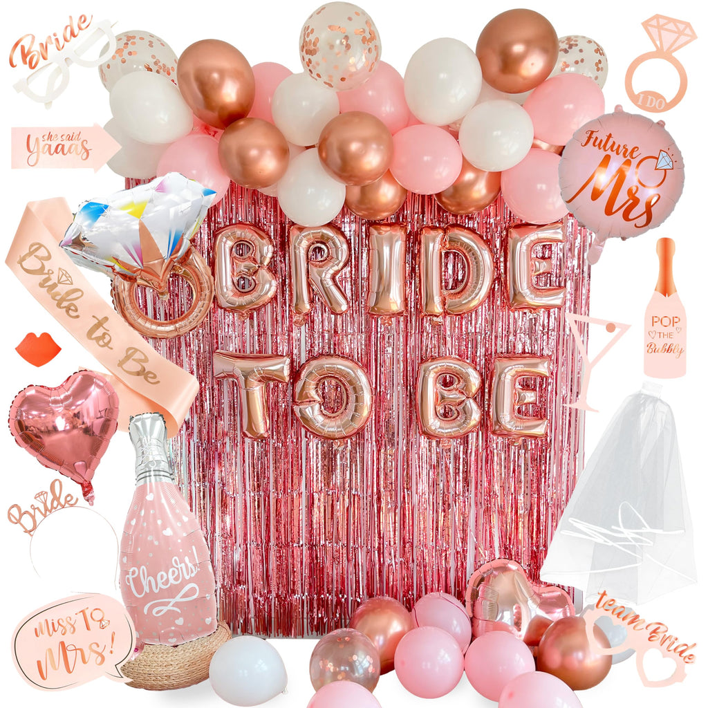 Rose Gold Bride To Be Party Kit – Balloons, Banner, Sash & Veil