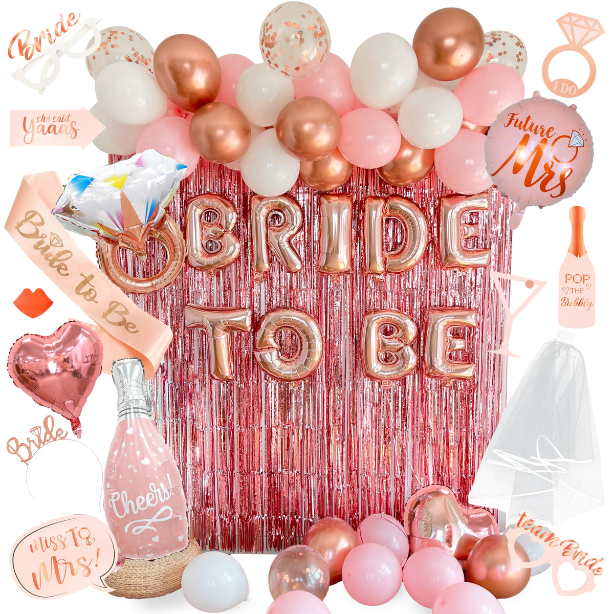 Rose Gold Bride To Be Party Kit – Balloons, Banner, Sash & Veil