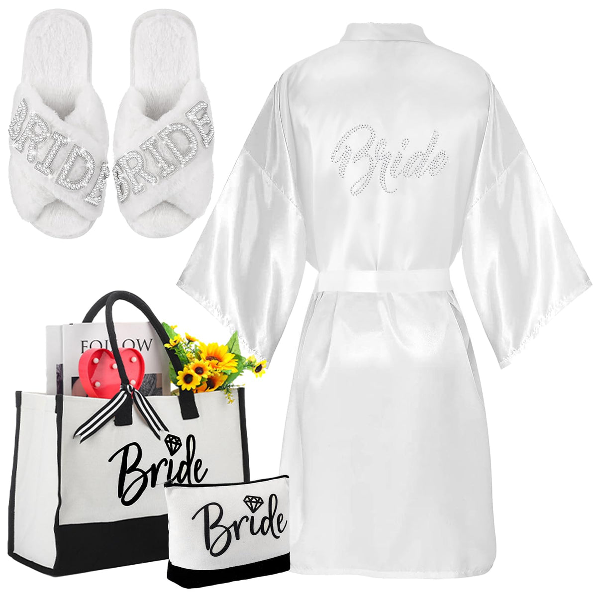 White bride robe, Bride slippers, canvas Bride tote and makeup bag gift set