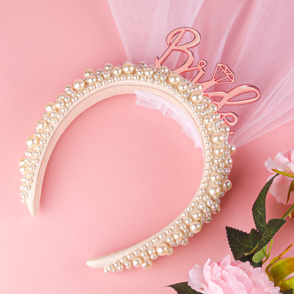Rose Gold Pearl Bride Headband with Veil