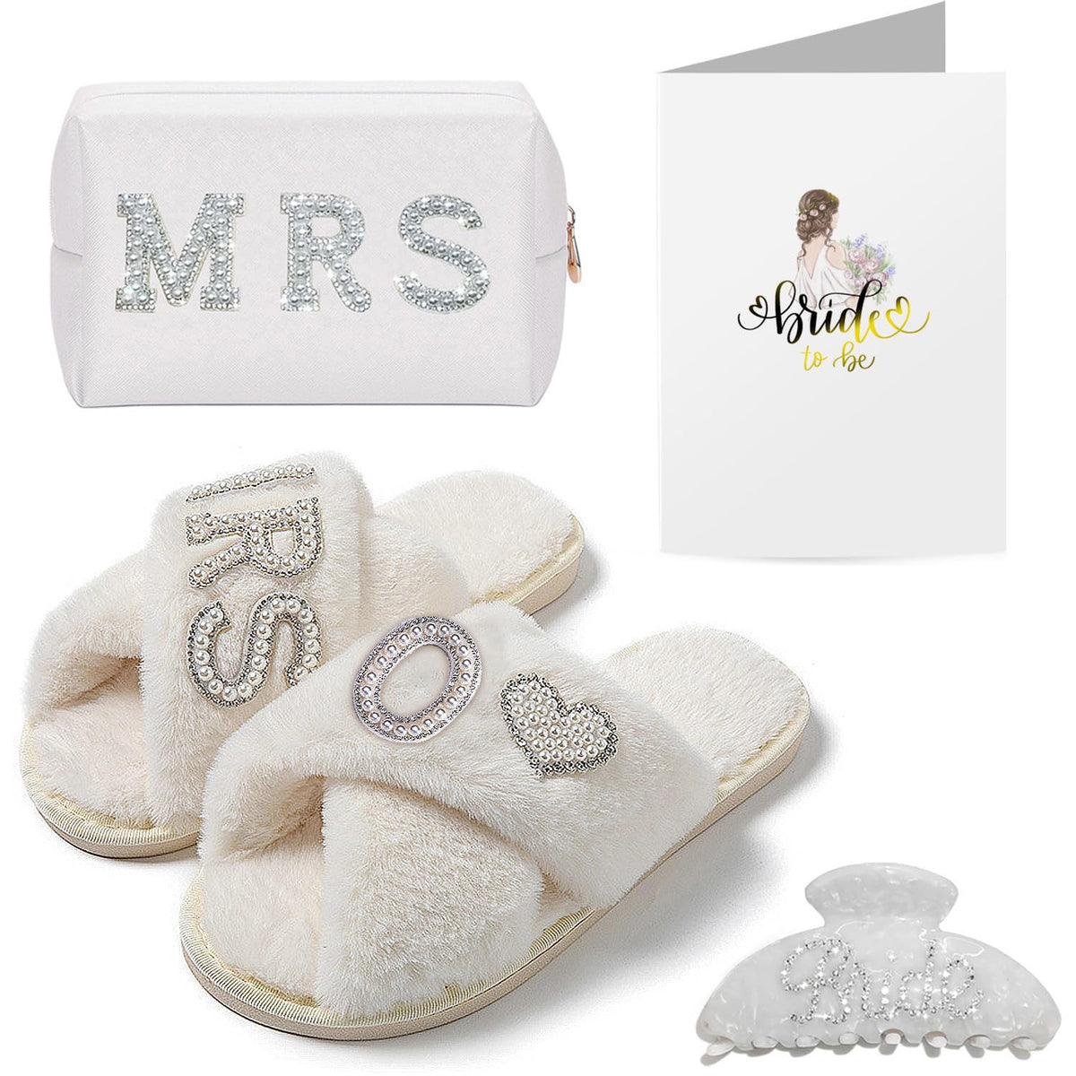 Mrs bride gift box with plush slippers, makeup bag, claw clip and greeting card