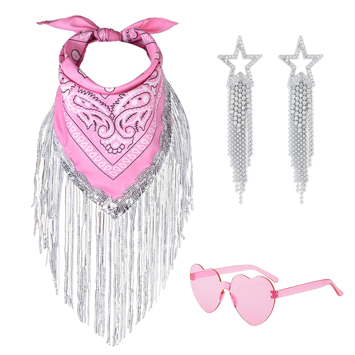 Disco Cowgirl Bandana Set – Rhinestone Fringe Bandana, Heart Sunglasses & Disco Earrings