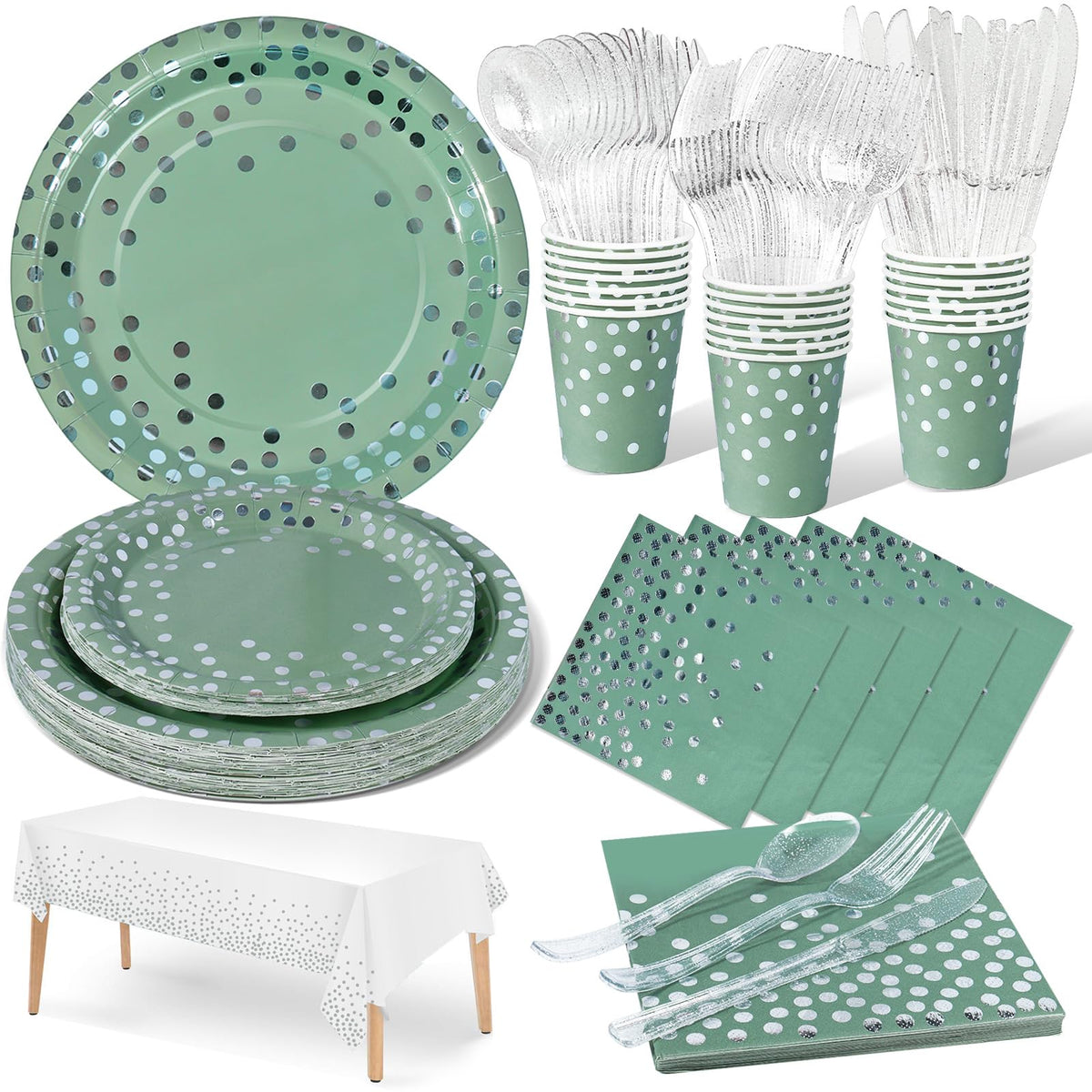 Sage Green & Silver Party Tableware Set – Serves 20