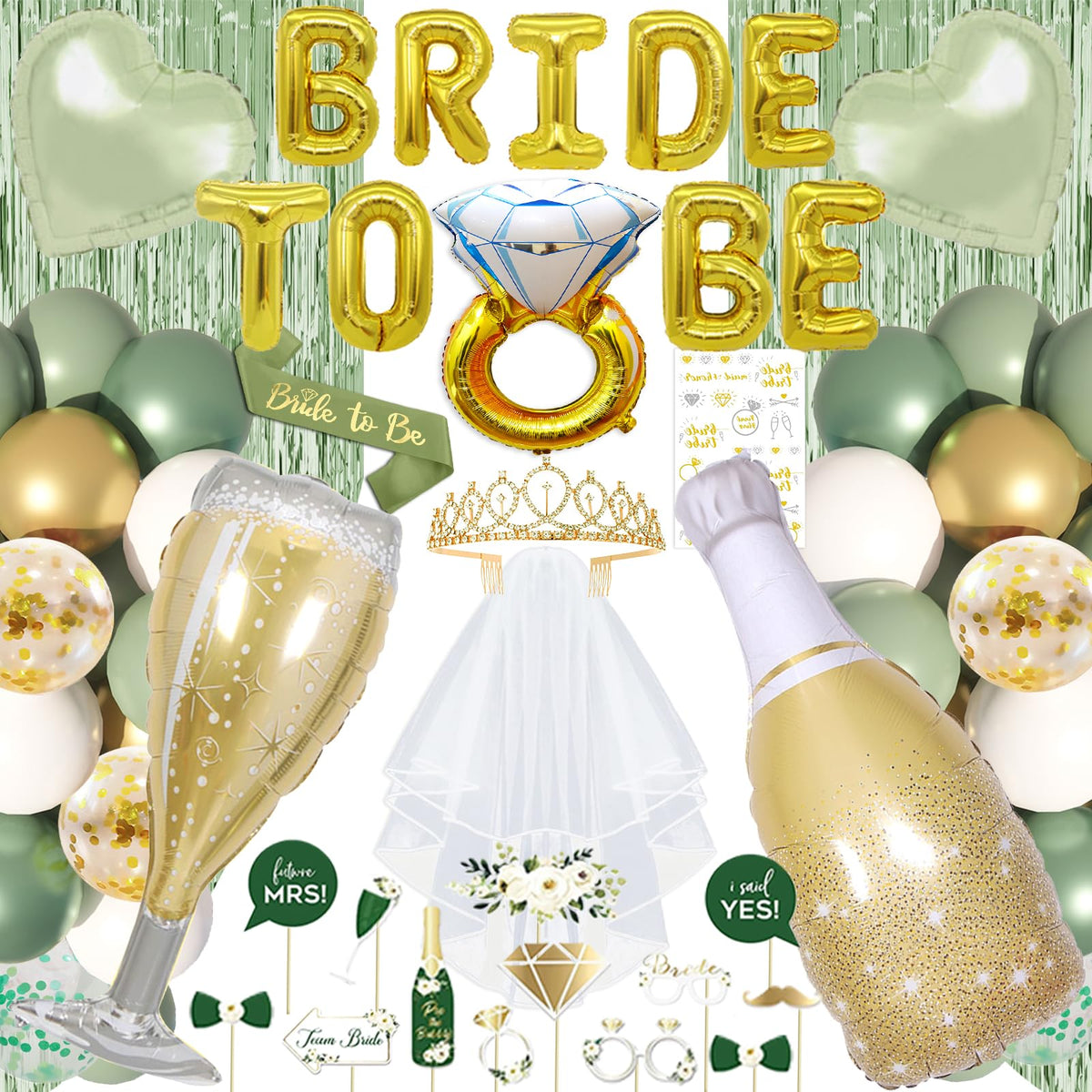 Sage Green Bride To Be Party Kit – Balloons, Backdrop, Sash & Veil
